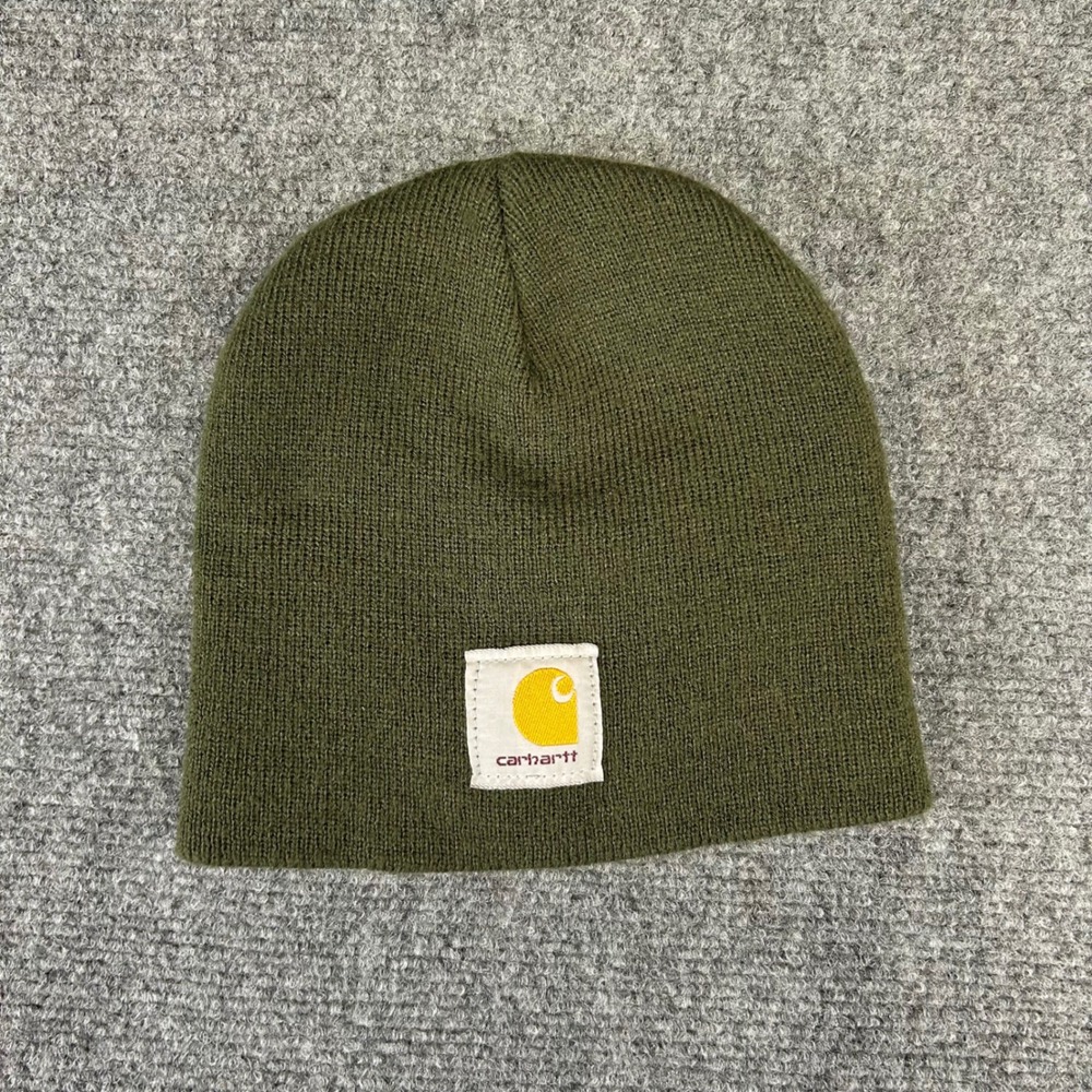 Carhartt Mens Olive Green Knit Beanie Hat Square Logo Patch Workwear One Size